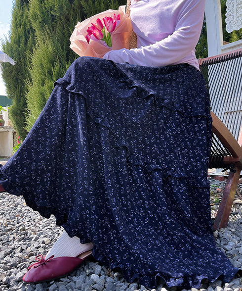 フリルティアード 小花柄 ロングスカート レディース ティアードスカート きれいめ 体型カバースカート着やせ 大人可愛い新作ハイウエストスカート 裏地付きスカート 98JLIY-001